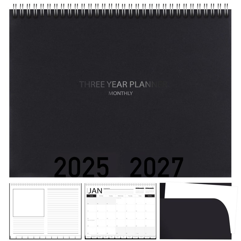Bubbley 3-Year Calendar Planner, 2025-2027 Monthly Schedule Organizer Flip Calendar Diary with Tabs, Spiral Bound Top, Black, 8.5 x 11 Inches - Image 1